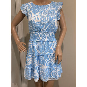 Women's Lily Rose Blue & White Floral lined tiered crinkle gauze Mini Dress M